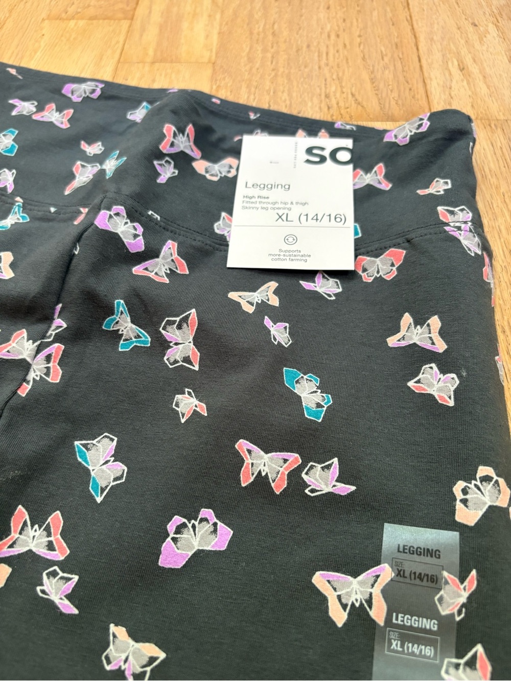 SO Girls' Dark Grey Leggings with Multicolor Butterfly Print